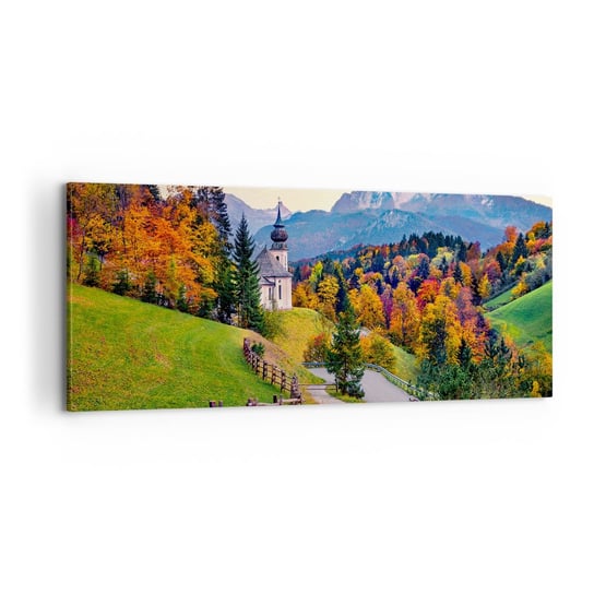 Obraz na płótnie - Pejzaż jak malowanie - 100x40cm - Krajobraz Górski Ścieżka Kościół - Nowoczesny foto obraz w ramie do salonu do sypialni ARTTOR ARTTOR