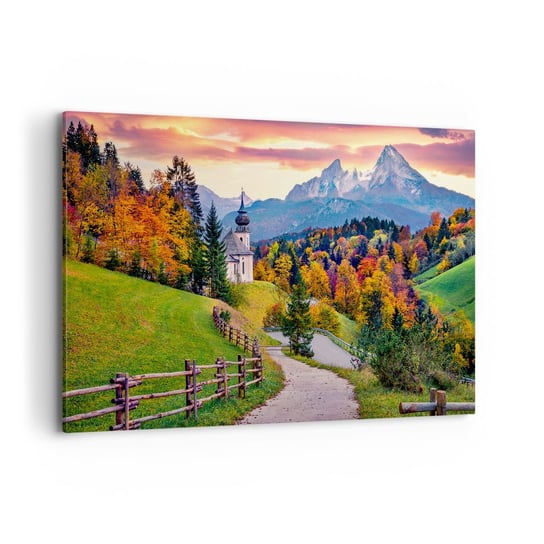 Obraz na płótnie - Pejzaż jak malowanie - 120x80cm - Krajobraz Górski Ścieżka Kościół - Nowoczesny obraz na ścianę do salonu do sypialni ARTTOR ARTTOR