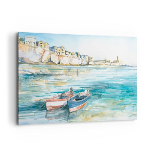 Obraz na płótnie - Pejzaż w lazurze - 120x80cm - Pejzaż Morze Łódka - Nowoczesny obraz na ścianę do salonu do sypialni ARTTOR ARTTOR