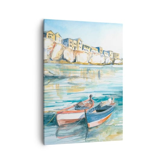 Obraz na płótnie - Pejzaż w lazurze - 50x70cm - Pejzaż Morze Łódka - Nowoczesny Canvas obraz do salonu do sypialni ARTTOR ARTTOR