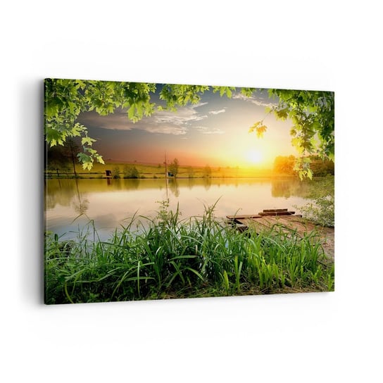 Obraz na płótnie - Pejzaż w zielonej ramie - 100x70cm - Krajobraz Jezioro Drewniany Pomost - Nowoczesny foto obraz w ramie do salonu do sypialni ARTTOR ARTTOR
