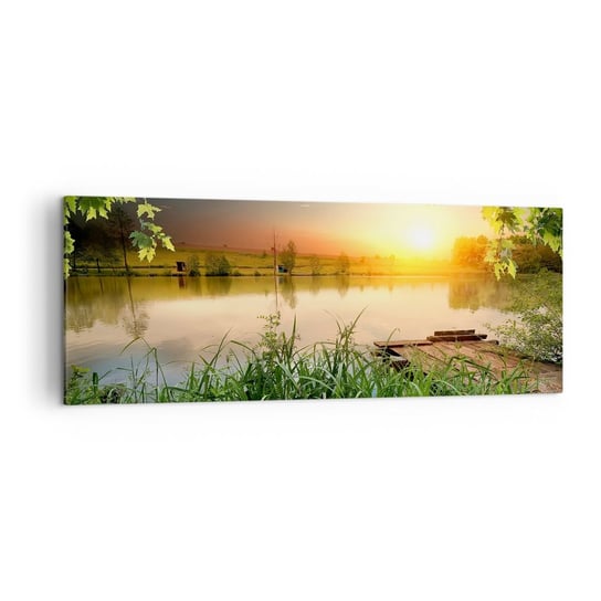 Obraz na płótnie - Pejzaż w zielonej ramie - 140x50 cm - Obraz nowoczesny - Krajobraz, Jezioro, Drewniany Pomost, Natura, Zachód Słońca - AB140x50-3914 ARTTOR