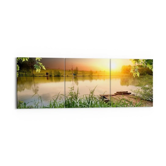 Obraz na płótnie - Pejzaż w zielonej ramie - 150x50 cm - Obraz nowoczesny - Krajobraz, Jezioro, Drewniany Pomost, Natura, Zachód Słońca - CA150x50-3914 ARTTOR