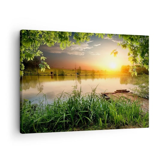 Obraz na płótnie - Pejzaż w zielonej ramie - 70x50 cm - Obraz nowoczesny - Krajobraz, Jezioro, Drewniany Pomost, Natura, Zachód Słońca - AA70x50-3914 ARTTOR