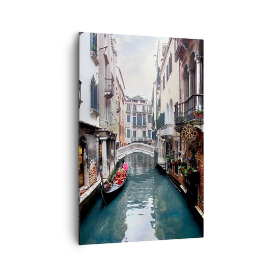 Obraz na płótnie - Pejzaż wenecki z gondolą i mostkiem - 80x120cm - Miasto Wenecja Architektura - Nowoczesny obraz na ścianę do salonu do sypialni ARTTOR ARTTOR