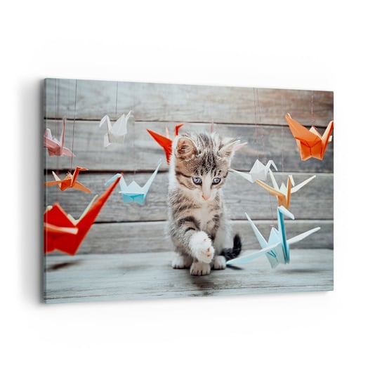 Obraz na płótnie - Pierwsza lekcja - 100x70cm - Zwierzęta Kot Origami - Nowoczesny foto obraz w ramie do salonu do sypialni ARTTOR ARTTOR