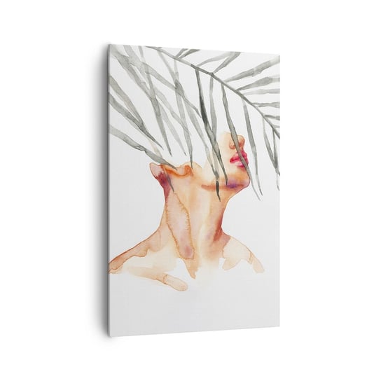 Obraz na płótnie - Poczuć puls tropików - 80x120cm - Twarz Kobiety Liść Palmowy Tajemnica - Nowoczesny obraz na ścianę do salonu do sypialni ARTTOR ARTTOR