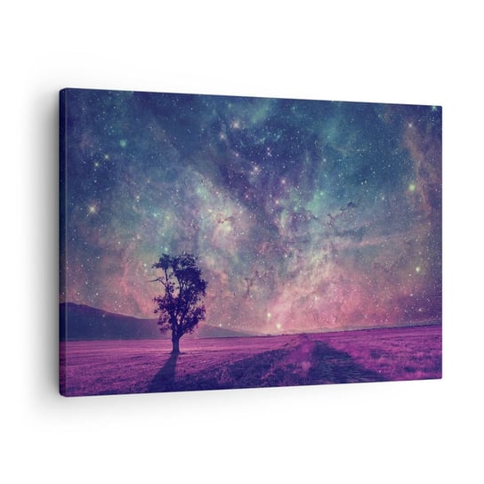 Obraz na płótnie - Pod magicznym niebem - 70x50cm - Krajobraz Drzewo Wrzos - Nowoczesny Canvas obraz do salonu do sypialni ARTTOR ARTTOR