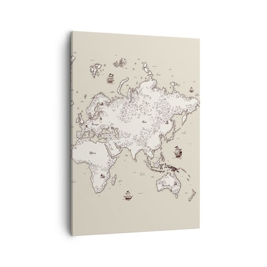 Obraz na płótnie - Podróż dookoła świata - 50x70cm - Mapa Świata Kontynenty Statek Piracki - Nowoczesny Canvas obraz do salonu do sypialni ARTTOR ARTTOR