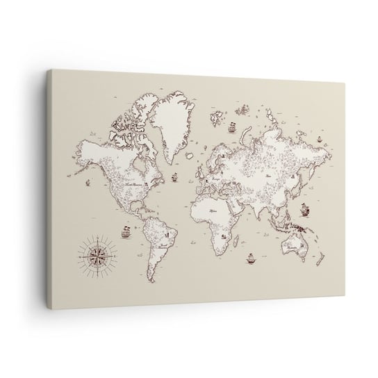 Obraz na płótnie - Podróż dookoła świata - 70x50cm - Mapa Świata Kontynenty Statek Piracki - Nowoczesny Canvas obraz do salonu do sypialni ARTTOR ARTTOR