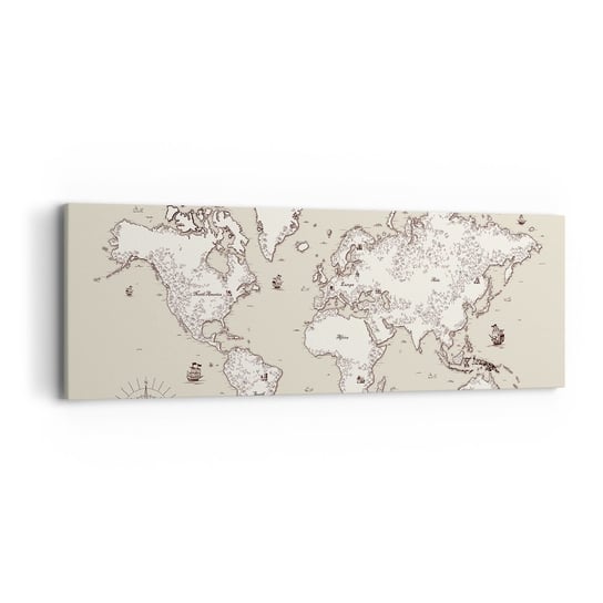 Obraz na płótnie - Podróż dookoła świata - 90x30cm - Mapa Świata Kontynenty Statek Piracki - Nowoczesny Canvas obraz do salonu do sypialni ARTTOR ARTTOR