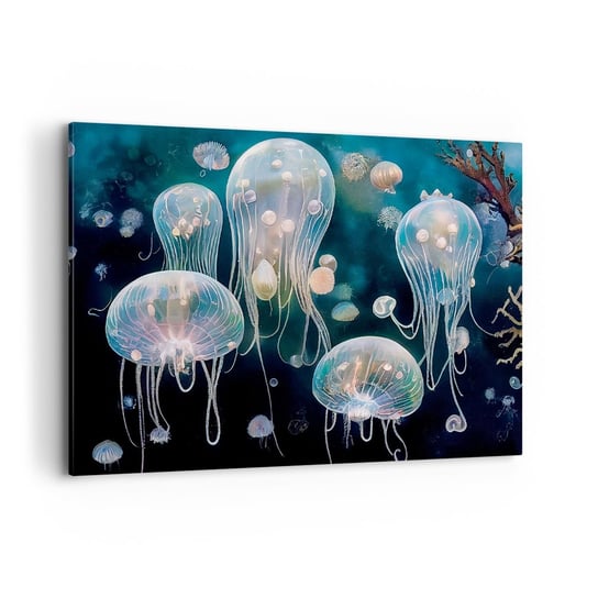 Obraz na płótnie - Podwodny bal - 100x70cm - Meduza Zwierzęta Głębiny - Nowoczesny foto obraz w ramie do salonu do sypialni ARTTOR ARTTOR