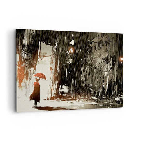 Obraz na płótnie - Poezja czerwonego parasola - 100x70 cm - Obraz nowoczesny - Miasto, Kobieta, Architektura, Parasol, Deszcz - AA100x70-3191 ARTTOR