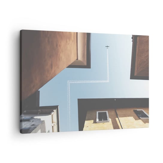 Obraz na płótnie - Ponad miejskim labiryntem - 70x50cm - Samolot Budynki Podróże - Nowoczesny Canvas obraz do salonu do sypialni ARTTOR ARTTOR
