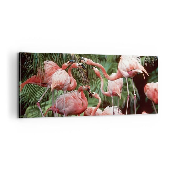 Obraz na płótnie - Popołudniowe ploteczki - 100x40cm - Stado Flamingów Ptak Natura - Nowoczesny foto obraz w ramie do salonu do sypialni ARTTOR ARTTOR