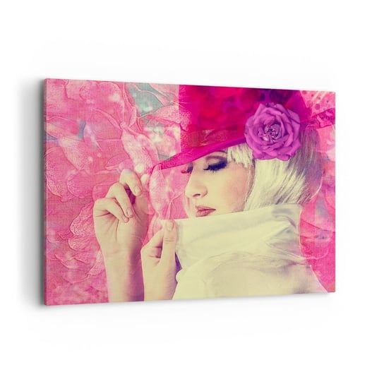 Obraz na płótnie - Portret retro w oparach różu - 100x70cm - Kobieta W Kapeluszu Kwiaty Moda - Nowoczesny foto obraz w ramie do salonu do sypialni ARTTOR ARTTOR