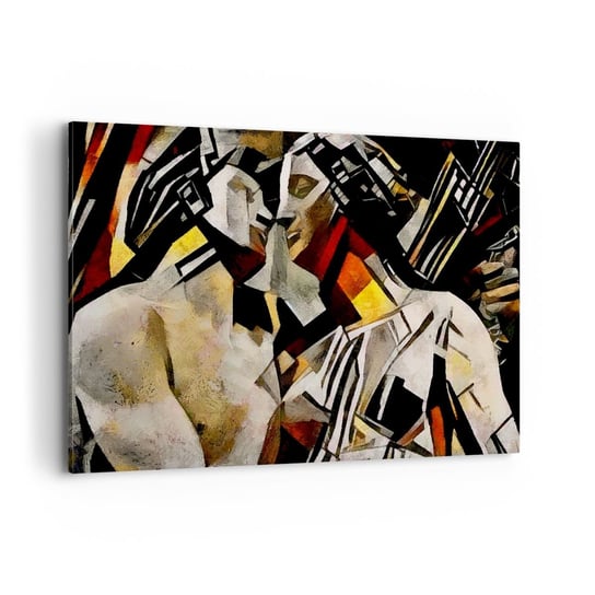 Obraz na płótnie - Posągowy pocałunek - 120x80cm - Zakochana Para Kubizm Pocałunek - Nowoczesny obraz na ścianę do salonu do sypialni ARTTOR ARTTOR