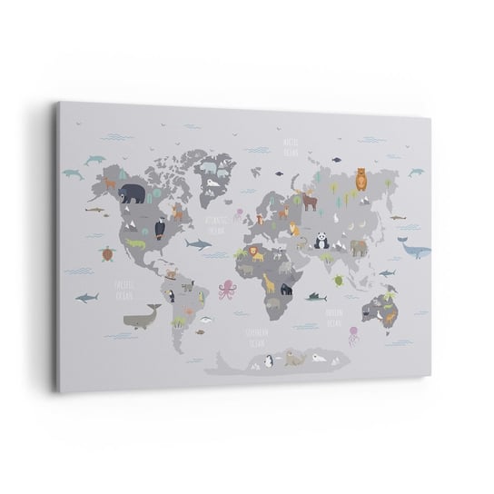 Obraz na płótnie - Powiedz mi, skąd jesteś… - 100x70cm - Mapa Świata Zwierzęta Kontynenty - Nowoczesny foto obraz w ramie do salonu do sypialni ARTTOR ARTTOR