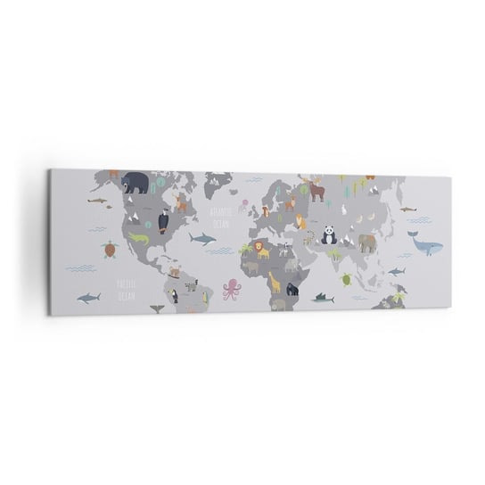 Obraz na płótnie - Powiedz mi, skąd jesteś… - 160x50cm - Mapa Świata Zwierzęta Kontynenty - Nowoczesny foto obraz w ramie do salonu do sypialni ARTTOR ARTTOR