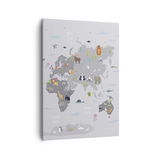 Obraz na płótnie - Powiedz mi, skąd jesteś… - 50x70cm - Mapa Świata Zwierzęta Kontynenty - Nowoczesny Canvas obraz do salonu do sypialni ARTTOR ARTTOR