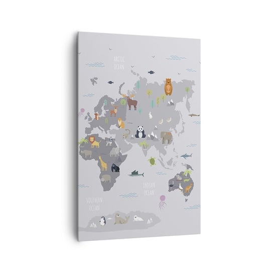 Obraz na płótnie - Powiedz mi, skąd jesteś… - 80x120cm - Mapa Świata Zwierzęta Kontynenty - Nowoczesny obraz na ścianę do salonu do sypialni ARTTOR ARTTOR