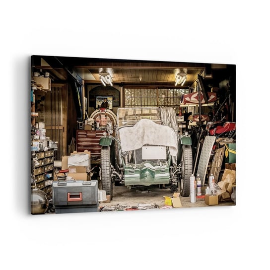 Obraz na płótnie - Powrót do przeszłości - 100x70cm - Samochód Garaż Samochodowy Vintage - Nowoczesny foto obraz w ramie do salonu do sypialni ARTTOR ARTTOR