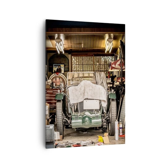 Obraz na płótnie - Powrót do przeszłości - 70x100cm - Samochód Garaż Samochodowy Vintage - Nowoczesny foto obraz w ramie do salonu do sypialni ARTTOR ARTTOR