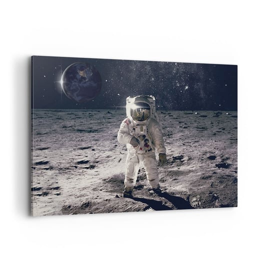 Obraz na płótnie - Pozdrowienia z Księżyca - 100x70cm - Abstrakcja Człowiek Na Księżycu Astronauta - Nowoczesny foto obraz w ramie do salonu do sypialni ARTTOR ARTTOR