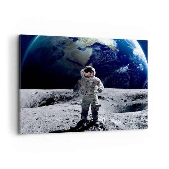 Obraz na płótnie - Pozdrowienia z Księżyca - 100x70cm - Astronauta Księżyc Planeta Ziemia - Nowoczesny foto obraz w ramie do salonu do sypialni ARTTOR ARTTOR