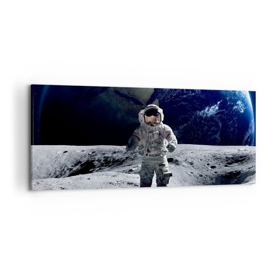 Obraz na płótnie - Pozdrowienia z Księżyca - 120x50cm - Astronauta Księżyc Planeta Ziemia - Nowoczesny obraz na ścianę do salonu do sypialni ARTTOR ARTTOR