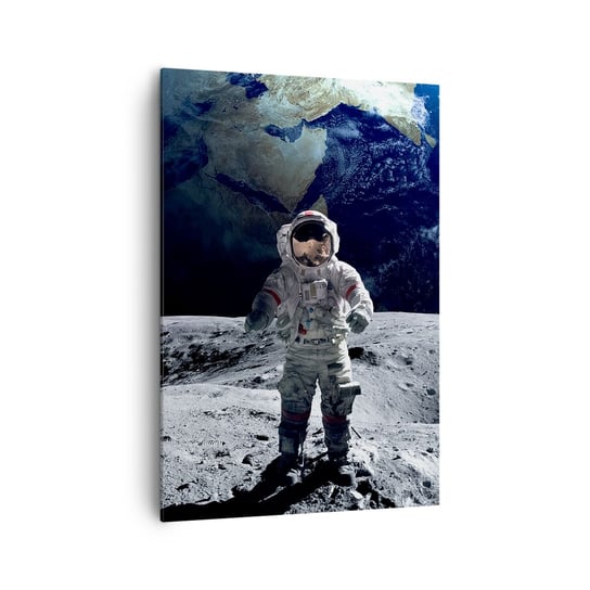 Obraz na płótnie - Pozdrowienia z Księżyca - 70x100cm - Astronauta Księżyc Planeta Ziemia - Nowoczesny foto obraz w ramie do salonu do sypialni ARTTOR ARTTOR