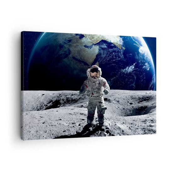 Obraz na płótnie - Pozdrowienia z Księżyca - 70x50cm - Astronauta Księżyc Planeta Ziemia - Nowoczesny Canvas obraz do salonu do sypialni ARTTOR ARTTOR