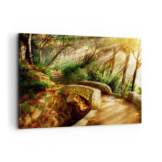 Obraz na płótnie - Prosto z mostku w baśniowy las - 100x70cm - Krajobrazy Kamienne Schody Promienie Słońca - Nowoczesny foto obraz w ramie do salonu do sypialni ARTTOR ARTTOR