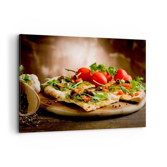 Obraz na płótnie - Prosto z pieca i z ogrodu - 100x70cm - Gastronomia Pizza Włochy - Nowoczesny foto obraz w ramie do salonu do sypialni ARTTOR ARTTOR