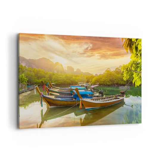 Obraz na płótnie - Przed pracowitym dniem - 100x70cm - Krajobraz Tajlandia Morze - Nowoczesny foto obraz w ramie do salonu do sypialni ARTTOR ARTTOR