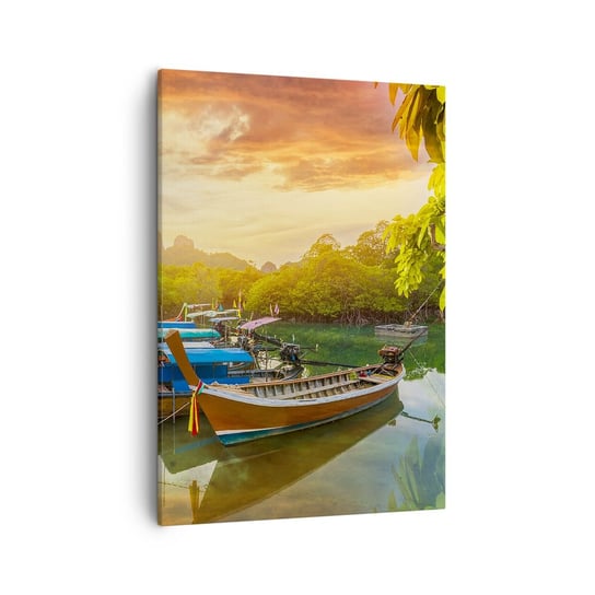 Obraz na płótnie - Przed pracowitym dniem - 50x70cm - Krajobraz Tajlandia Morze - Nowoczesny Canvas obraz do salonu do sypialni ARTTOR ARTTOR