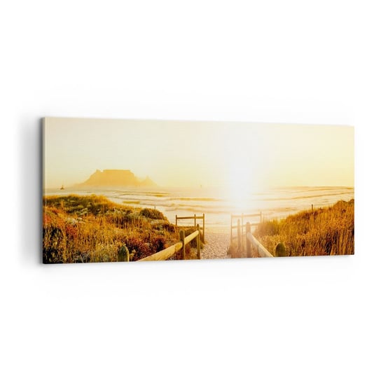 Obraz na płótnie - Przez wydmę, w stronę słońca - 100x40cm - Krajobraz Plaża Zachód Słońca - Nowoczesny foto obraz w ramie do salonu do sypialni ARTTOR ARTTOR