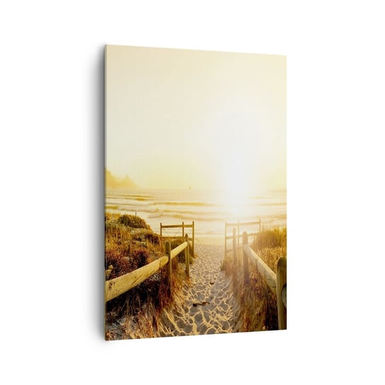 Obraz na płótnie - Przez wydmę, w stronę słońca - 70x100cm - Krajobraz Plaża Zachód Słońca - Nowoczesny foto obraz w ramie do salonu do sypialni ARTTOR ARTTOR