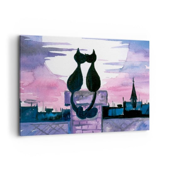 Obraz na płótnie - Rendez-vous pod księżycem - 100x70cm - Koty Na Dachu Architektura Symbol Miłości - Nowoczesny foto obraz w ramie do salonu do sypialni ARTTOR ARTTOR