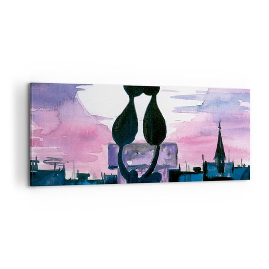 Obraz na płótnie - Rendez-vous pod księżycem - 120x50cm - Koty Na Dachu Architektura Symbol Miłości - Nowoczesny obraz na ścianę do salonu do sypialni ARTTOR ARTTOR