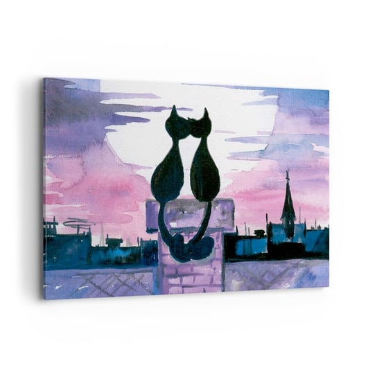 Obraz na płótnie - Rendez-vous pod księżycem - 120x80cm - Koty Na Dachu Architektura Symbol Miłości - Nowoczesny obraz na ścianę do salonu do sypialni ARTTOR ARTTOR