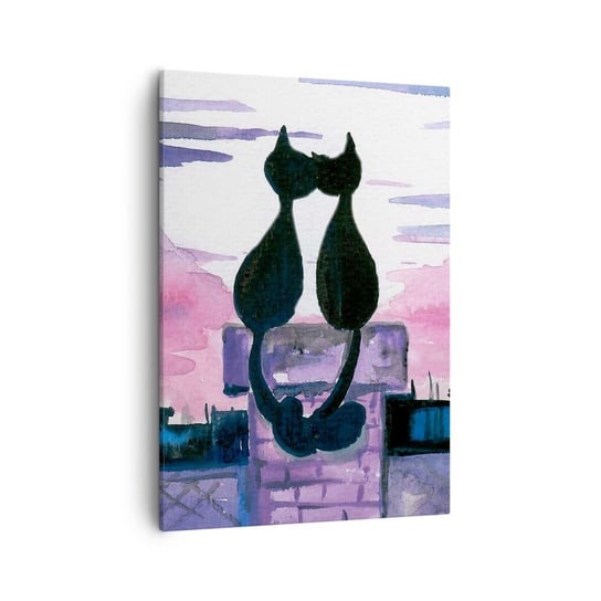 Obraz na płótnie - Rendez-vous pod księżycem - 50x70cm - Koty Na Dachu Architektura Symbol Miłości - Nowoczesny Canvas obraz do salonu do sypialni ARTTOR ARTTOR