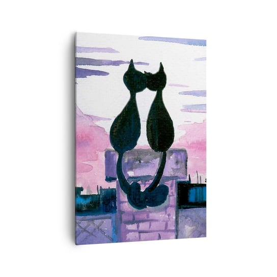 Obraz na płótnie - Rendez-vous pod księżycem - 70x100cm - Koty Na Dachu Architektura Symbol Miłości - Nowoczesny foto obraz w ramie do salonu do sypialni ARTTOR ARTTOR
