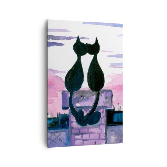 Obraz na płótnie - Rendez-vous pod księżycem - 80x120cm - Koty Na Dachu Architektura Symbol Miłości - Nowoczesny obraz na ścianę do salonu do sypialni ARTTOR ARTTOR