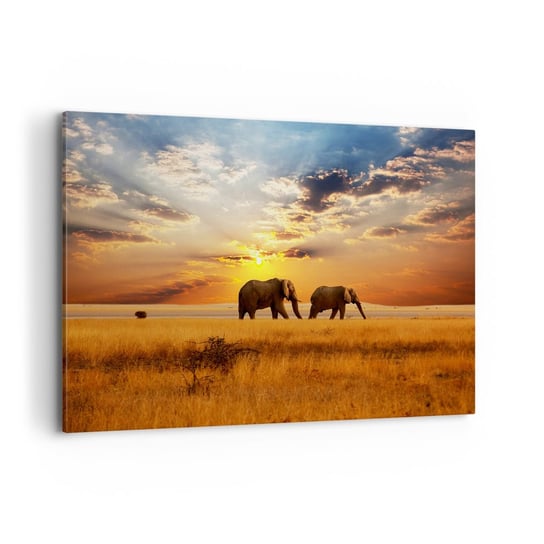 Obraz na płótnie - Rodzinna przechadzka - 100x70cm - Zwierzęta Afryka Słoń - Nowoczesny foto obraz w ramie do salonu do sypialni ARTTOR ARTTOR