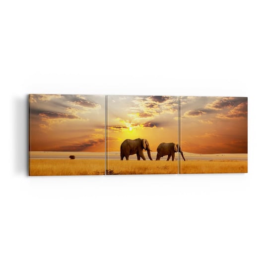 Obraz na płótnie - Rodzinna przechadzka - 120x40 cm - Obraz nowoczesny - Zwierzęta, Afryka, Słoń, Natura, Zachód Słońca - CA120x40-3150 ARTTOR
