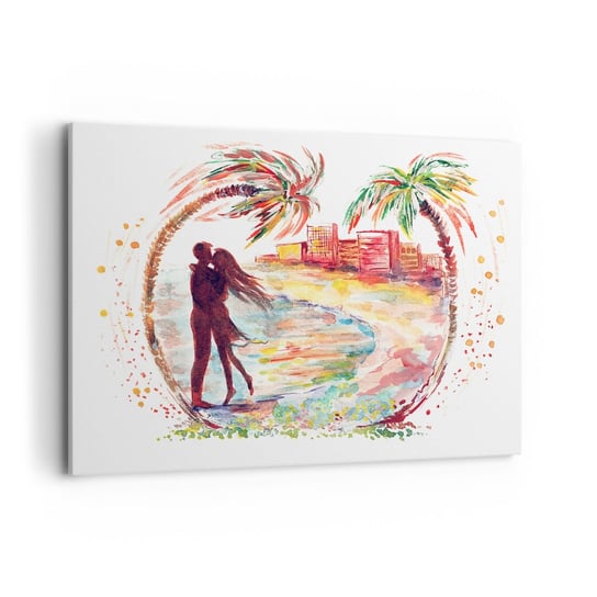 Obraz na płótnie - Romantyczne wakacje - 100x70cm - Ludzie Palma Kokosowa Plaża - Nowoczesny foto obraz w ramie do salonu do sypialni ARTTOR ARTTOR