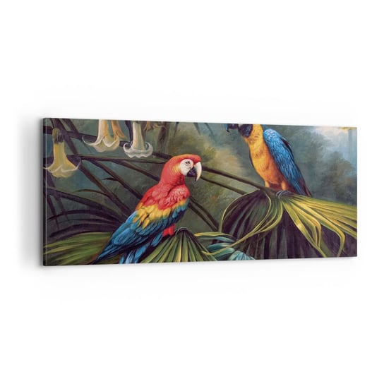 Obraz na płótnie - Romantyzm w tropikach - 100x40 cm - Obraz nowoczesny - Papuga Ara, Zwierzęta, Las Tropikalny, Sztuka, Ptaki - AB100x40-4780 ARTTOR