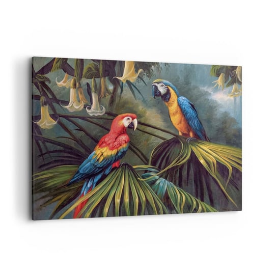 Obraz na płótnie - Romantyzm w tropikach - 120x80cm - Papuga Ara Zwierzęta Las Tropikalny - Nowoczesny obraz na ścianę do salonu do sypialni ARTTOR ARTTOR