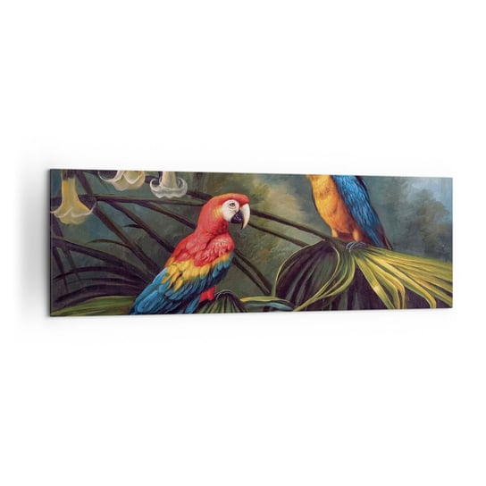 Obraz na płótnie - Romantyzm w tropikach - 160x50cm - Papuga Ara Zwierzęta Las Tropikalny - Nowoczesny foto obraz w ramie do salonu do sypialni ARTTOR ARTTOR